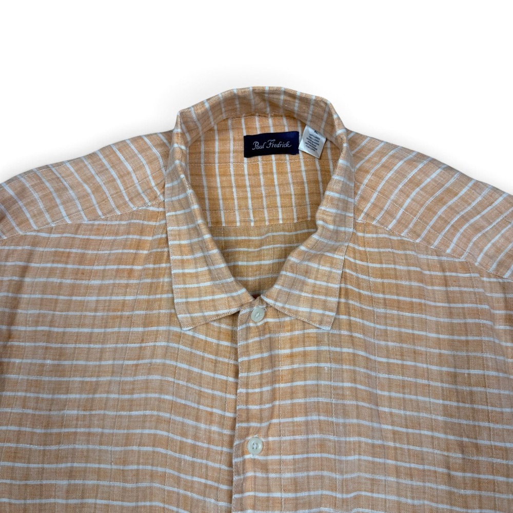 Paul Fredrick Mens XL Linen Short Sleeve Button Down Shirt Peach White Striped